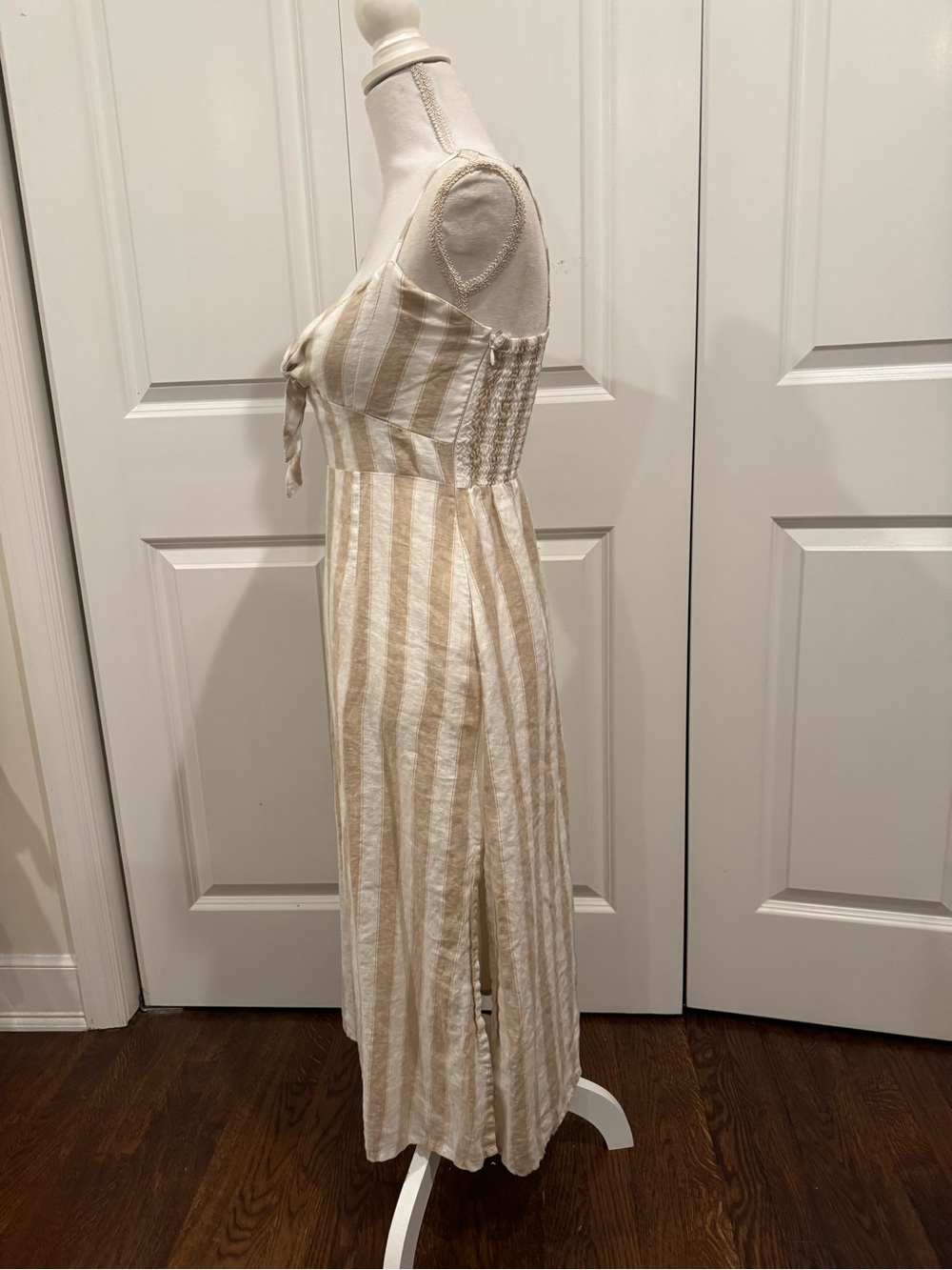 Faithfull the Brand Fiscardo Linen Striped Tie Front Midi Dress M/6 - Picture 3 of 16
